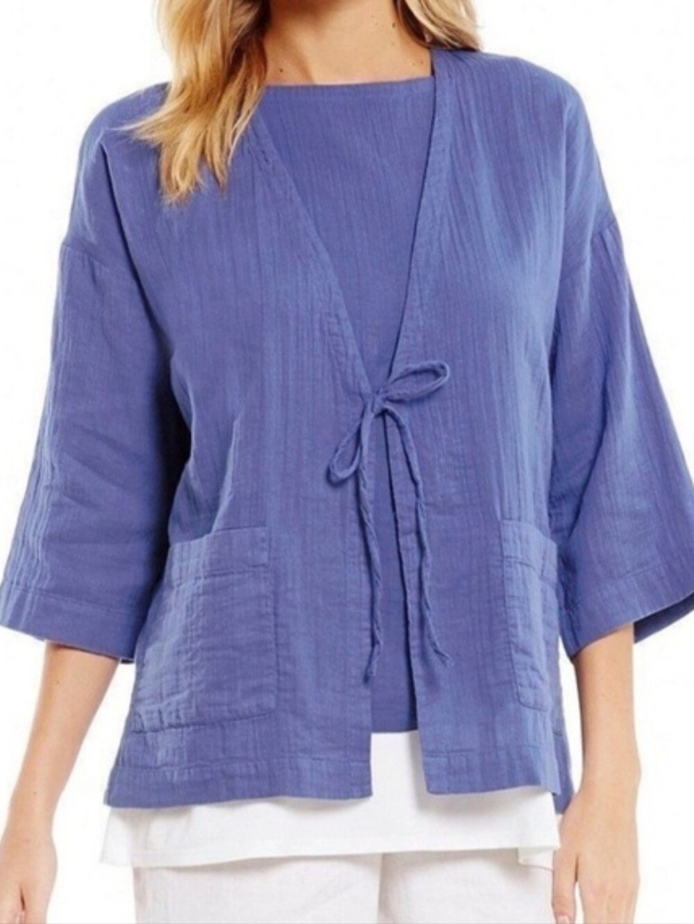 Eileen Fisher Organic Cotton Gauze Tie Front Kimono Periwinkle Blue XL